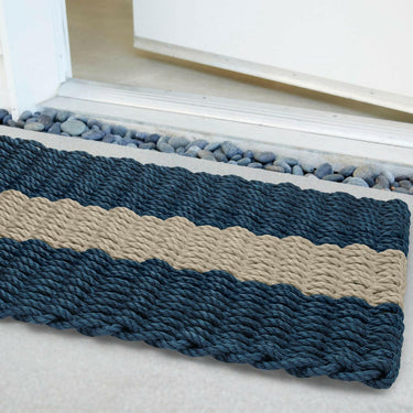 Lobster Rope Doormats, Outdoor Door Mats, Wicked Good Door Mats Made in Maine, Navy with Dark Tan Stripe, Angle View in Front Door